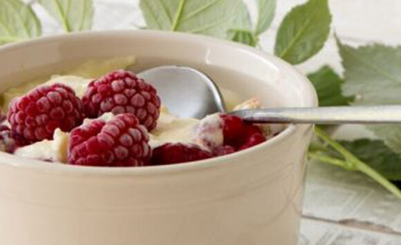 yogurt and mascarpone keto breakfast bowl with raspberries