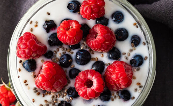 Yogurt with Berries and Seeds for breakfast bowl