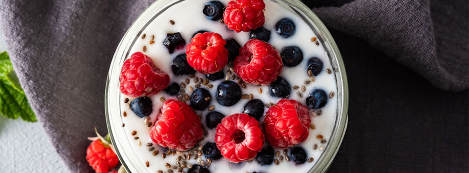 Yogurt with Berries and Seeds for breakfast bowl