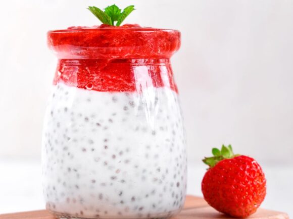 Chia pudding with strawberry puree.