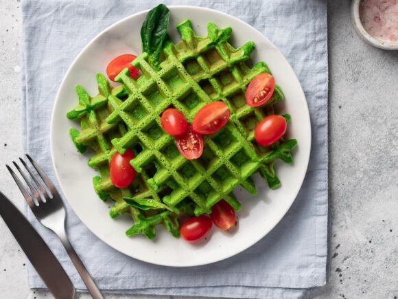 Spinach waffles with Greek yogurt, keto recipe.