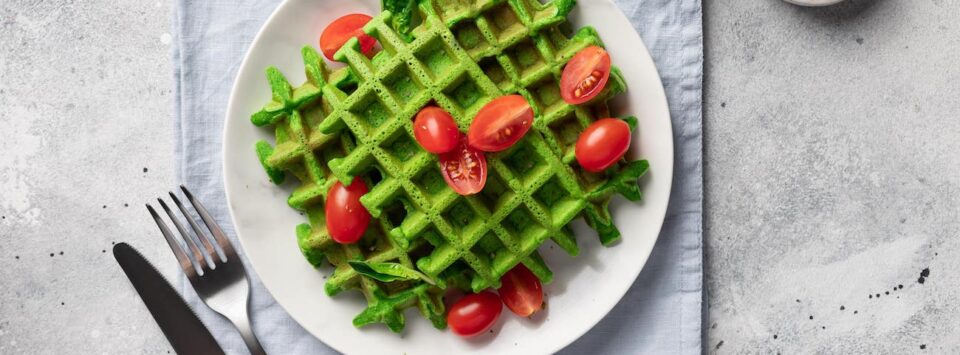 Spinach waffles with Greek yogurt, keto recipe.
