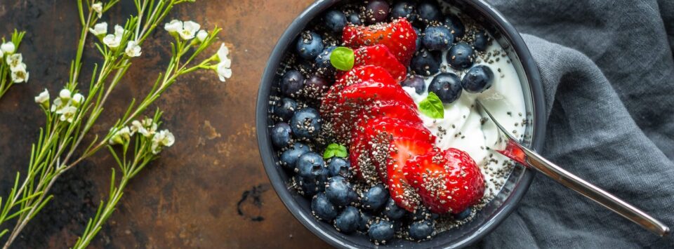 Greek yogurt with berries and chia – healthy keto breakfast.