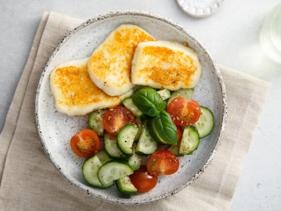 Halloumi Cheese With Cucumber Salad.