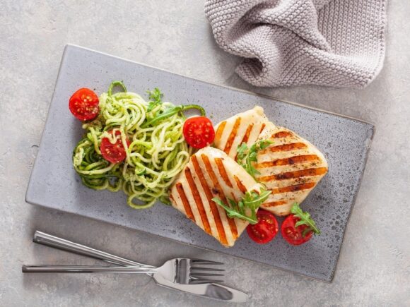 Halloumi and Zoodles With Sauce.