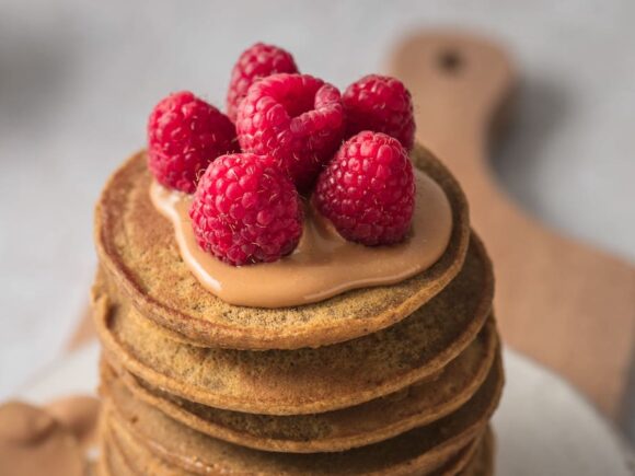 Keto Pancakes With Peanut Butter and Raspberries.