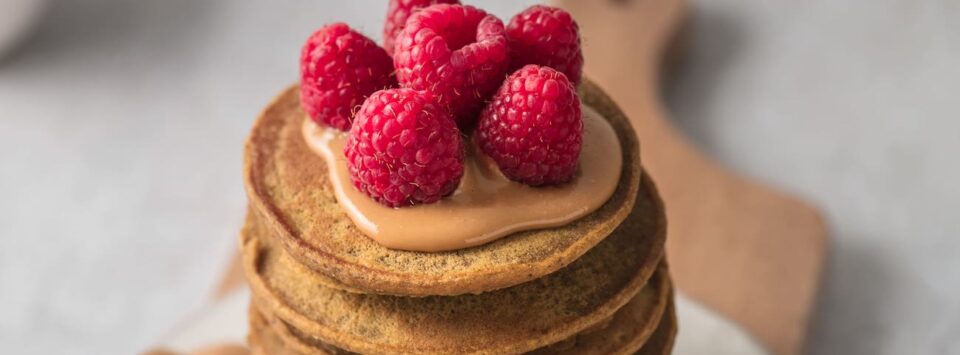 Keto Pancakes With Peanut Butter and Raspberries.