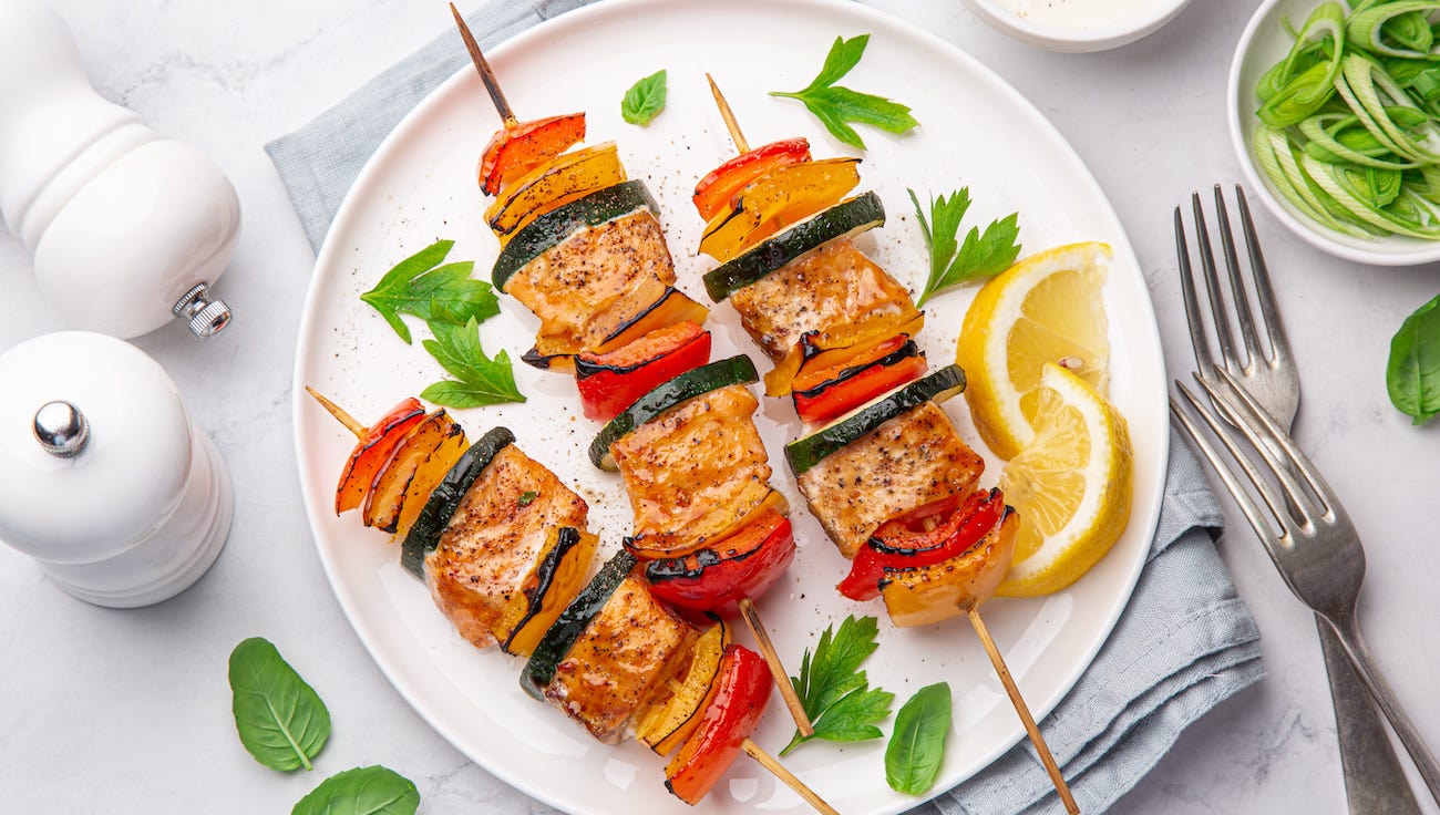 Salmon, Bell Pepper, and Zucchini Skewers Recipe
