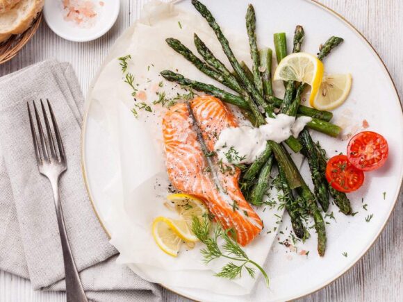 Salmon with Vegetables and Mustard Mayonnaise.
