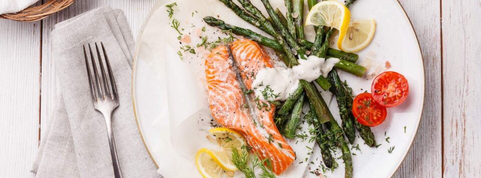 Salmon with Vegetables and Mustard Mayonnaise.