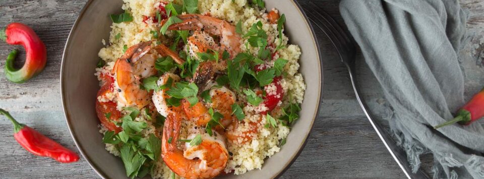 Shrimp with Tomatoes and Cauliflower Rice.