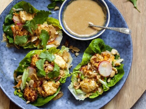 Tofu Lettuce Boats with Peanut Sauce.