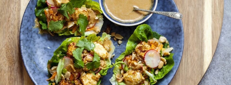 Tofu Lettuce Boats with Peanut Sauce.