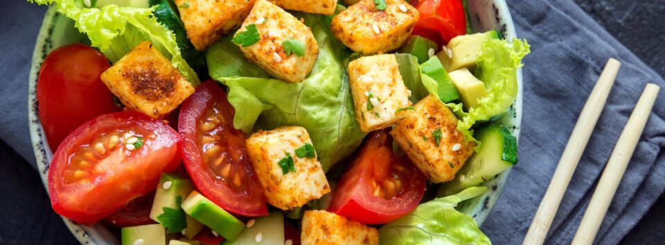 Tofu with Salad Greens and Cucumber.