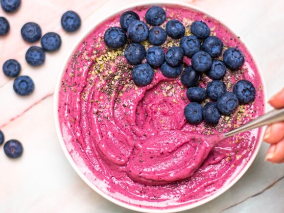 Vegan Peanut Butter and Blueberry Smoothie Bowl.