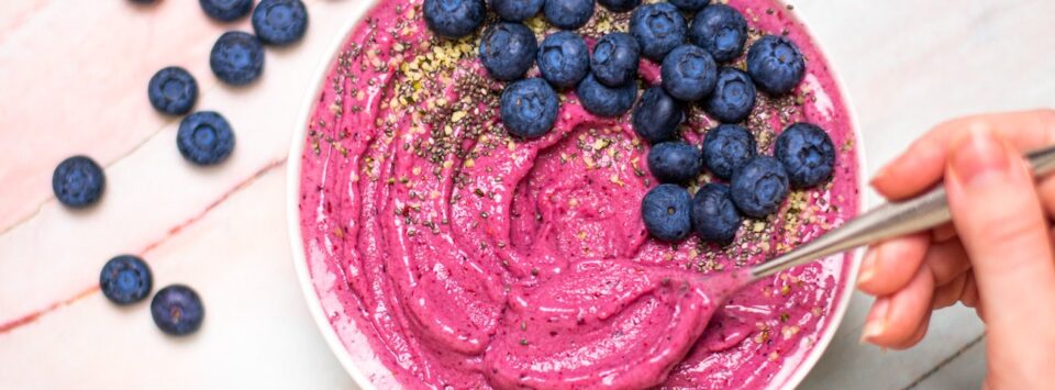 Vegan Peanut Butter and Blueberry Smoothie Bowl.