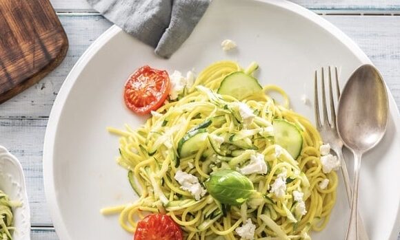Zoodles With Cucumber, Tomatoes, and Feta.
