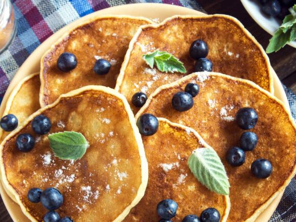 Keto almond pancakes with blueberries.