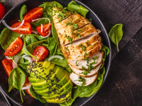 Grilled Chicken With Avocado and Tomatoes.