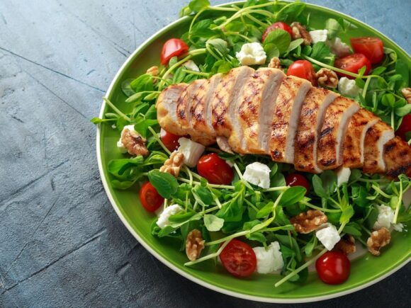 Grilled chicken with salad and feta.