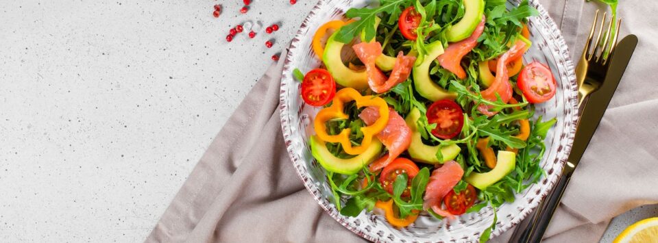 Salmon, bell pepper and avocado salad.