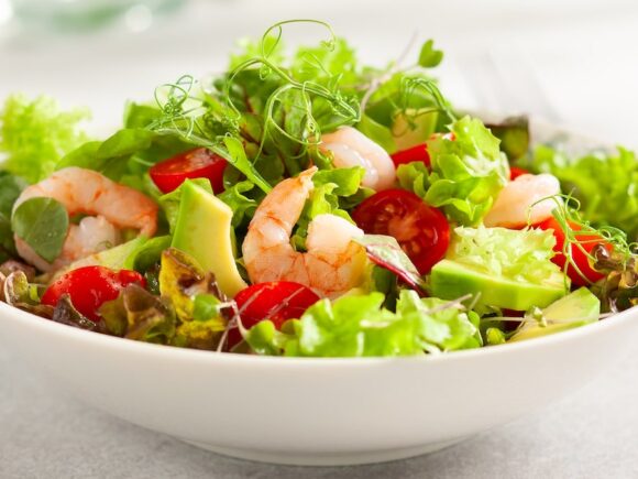 Vegetable salad with shrimp.