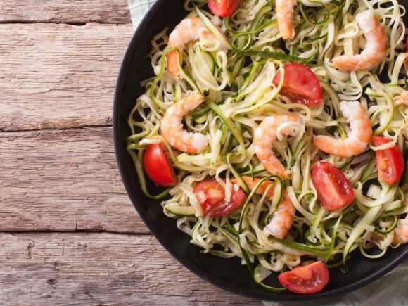 Keto Zucchini Noodles With Shrimp and Tomatoes.