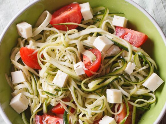 Zucchini noodles with tomatoes and feta.